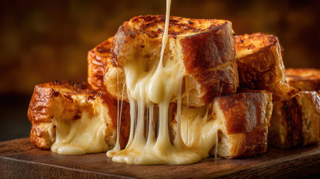 Grilled cheese sandwich pull-apart shot, luscious gooey cheese stretching, bread toasted to perfection, solid-color backdrop, warm lightingの素材