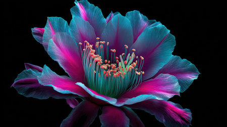 Vibrant neon cactus flower in fuchsia and turquoise glow, set against deep black, digital artの素材