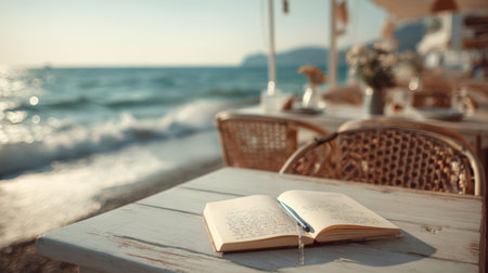 Sun-kissed seaside cafe table with journal open, pen gently placed, background of ocean waves and soft cinematic summer lightの素材