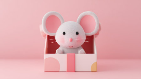 A cute cartoon light gray mouse with bright pink ears sitting inside a gift box, minimalist style with pastel wrapping paperの素材