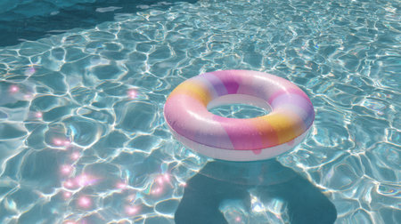 Calm empty pool with pastel inflatable ring, sunlight refracting in clear water, cinematic summer feelの素材