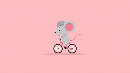 A simple cute cartoon light gray mouse with bright pink ears riding a tiny bicycle, pastel background with clean shapesの素材