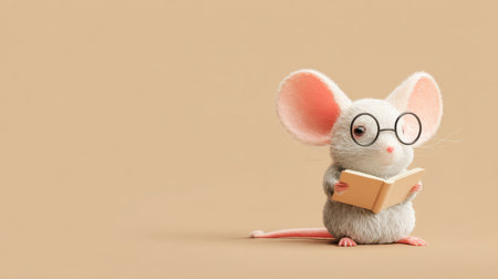 Cartoon light gray mouse with bright pink ears wearing tiny glasses, reading a small book, minimalist warm-toned backgroundの素材