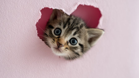 Playful kitten peeks its head out of a pink heart-shaped paper hole, symbolizing cuteness, warmth, and the tender feeling of love in its purest form.の素材