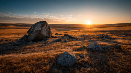 Warm tones of sunrise across an expansive rocky field, shadows stretching far from a single boulder standing against the empty horizonの素材
