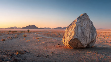 Vast rocky desert plain at dawn, soft orange light spreading across the horizon, emphasizing a single isolated boulder as the centerpieceの素材