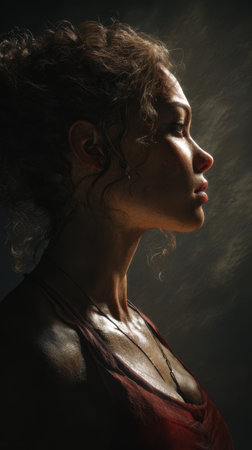 Realistic half-body portrait in profile, deep shadows, cinematic lighting enhances contours, moody atmosphereの素材