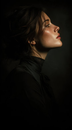 Side profile half-body portrait, realistic facial features, dramatic dark tones, mysterious cinematic lightingの素材