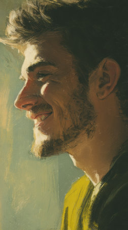 Realistic side-profile portrait of a young man, playful grin, half-body view with bright and cheerful tonesの素材