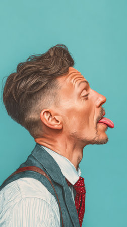 Side profile half-body portrait of a man sticking tongue out playfully, realistic textures, lighthearted style, vibrant colorsの素材