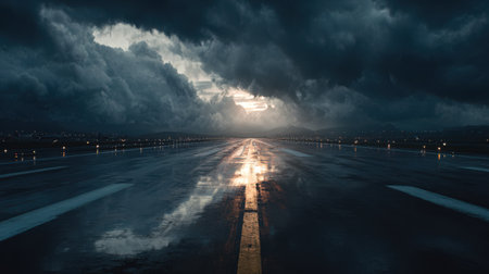 Rain-soaked airport runway, shiny surface reflecting moody clouds overhead, with dramatic atmosphere.の素材
