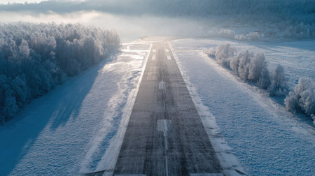 Snow-covered runway with faint markings visible, surrounded by frosty trees and icy winds.の素材