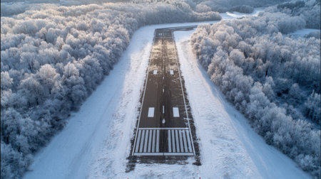 Snow-covered runway with faint markings visible, surrounded by frosty trees and icy winds.の素材