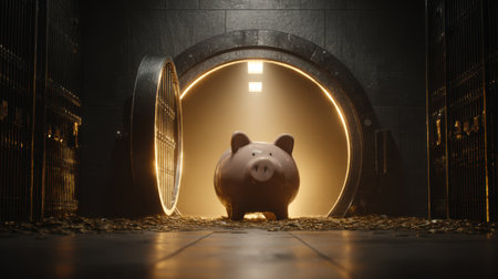 Piggy bank in a dark vault illuminated by golden light, symbolizing financial protection, security, and long-term investmentsの素材