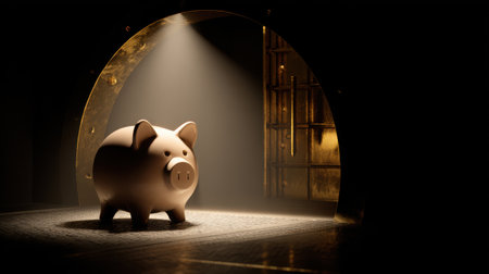 Piggy bank in a dark vault illuminated by golden light, symbolizing financial protection, security, and long-term investmentsの素材
