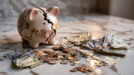 Close-up of a broken piggy bank with scattered coins and bills on the floor, symbolizing financial loss, crisis, or emergency savingsの素材
