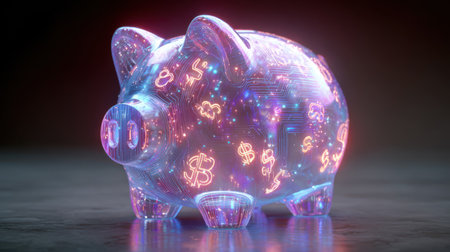 Futuristic piggy bank glowing with digital currency symbols, representing cryptocurrency savings and modern financial technologyの素材