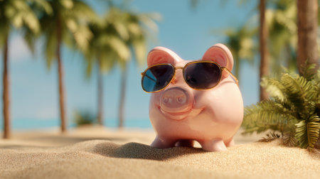Piggy bank wearing sunglasses on a sandy beach with palm trees in the background, representing vacation savings and fun financial planningの素材