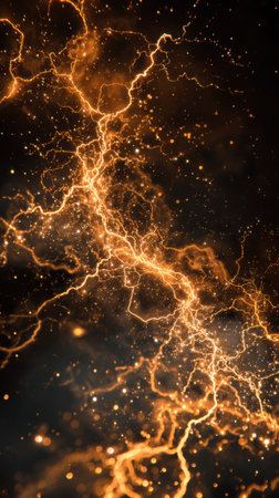 A close-up artistic shot of yellow lightning energy crackling in the air, with glowing sparks and electric arcs filling the dark atmosphereの素材
