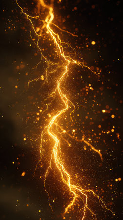 A close-up artistic shot of yellow lightning energy crackling in the air, with glowing sparks and electric arcs filling the dark atmosphereの素材