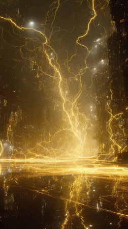 A futuristic sci-fi energy field glowing with yellow lightning bolts, crackling arcs of electricity lighting up the surrounding darknessの素材