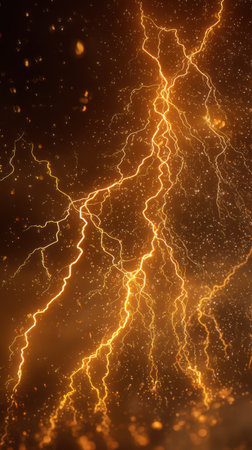 Yellow lightning bolts captured in slow motion effect, glowing across a night storm with radiant golden sparks and branching arcsの素材