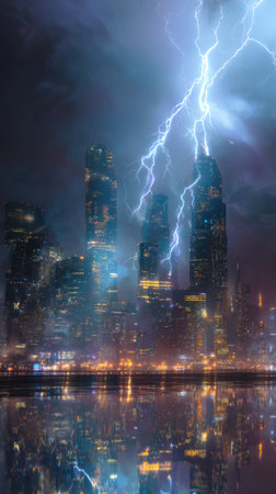 Yellow lightning bolts striking a futuristic city skyline at night, illuminating skyscrapers with reflections in glass windows and metallic surfacesの素材