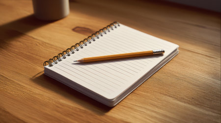 Blank notepad and pencil on wooden desk, warm lighting, simple workspace layout, no peopleの素材
