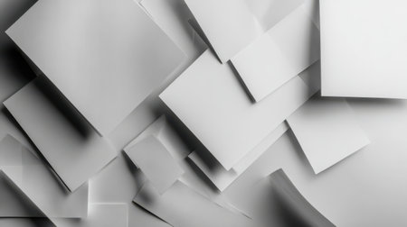 Paper mockup in creative flat lay, geometric arrangement of sheets on monochrome surface, no peopleの素材