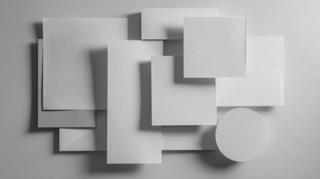 Paper mockup in creative flat lay, geometric arrangement of sheets on monochrome surface, no peopleの素材