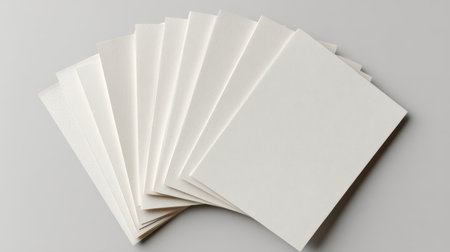 Multiple blank paper sheets fanned out, neutral background, top-down view, no text, no peopleの素材