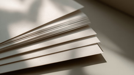 Stack of A4 sheets with slightly uneven edges, natural light creating soft shadows, minimal compositionの素材