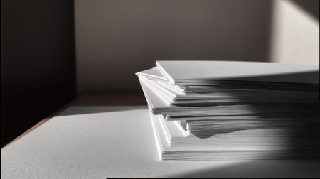 Stack of A4 sheets with slightly uneven edges, natural light creating soft shadows, minimal compositionの素材