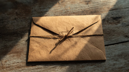 A single closed kraft envelope with a string tie closure on a rustic wooden table, soft directional lighting creating depth and textureの素材
