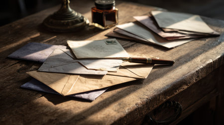 A rustic desk with scattered envelopes, fountain pen, and soft morning light streaming across, vintage professional atmosphereの素材