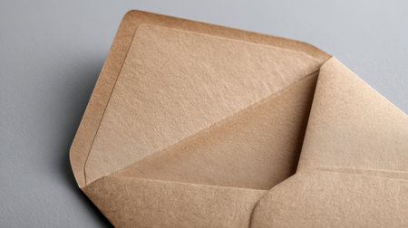 Close-up of an open manila envelope with papers slightly visible inside, placed on a clean gray background, emphasizing texture and detailの素材