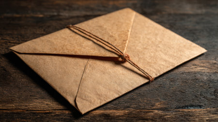 A single closed kraft envelope with a string tie closure on a rustic wooden table, soft directional lighting creating depth and textureの素材