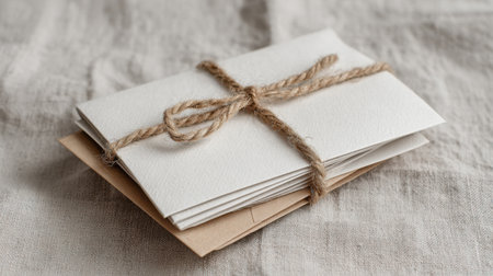 A stack of envelopes tied together with a thin jute rope, placed on neutral linen fabric, giving a natural and organic lookの素材
