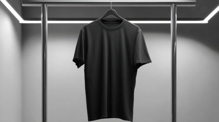 Black t-shirt mockup hanging from a minimalist rack with clean monochrome background, modern studio lightingの素材