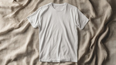 Classic blank white t-shirt photographed from top view, centered on linen fabric surface for minimal brandingの素材