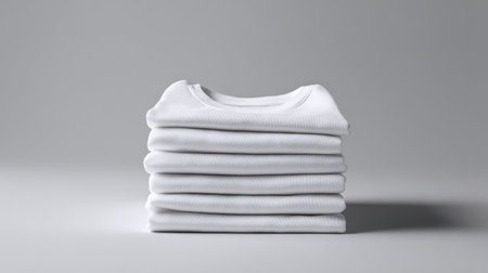 White t-shirt mockup folded into a square stack on minimalist table, soft shadow play for commercial useの素材