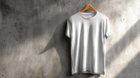 T-shirt mockup on wooden hanger with soft daylight, hung on textured concrete wall for modern contrastの素材