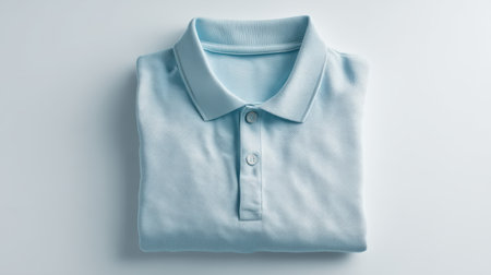 A light blue polo shirt mockup, folded neatly on a clean white surface.の素材