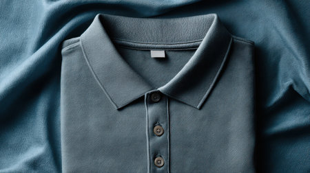A slate blue polo shirt mockup, a flat lay with the collar unfolded.の素材