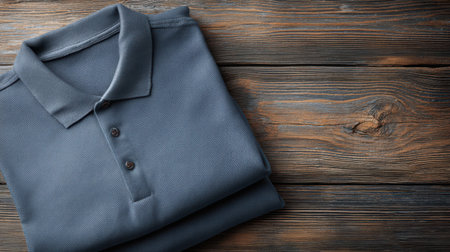 A slate blue polo shirt mockup, a flat lay with the collar unfolded.の素材
