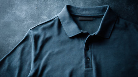 A slate blue polo shirt mockup, a flat lay with the collar unfolded.の素材