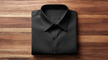 Black shirt mockup flat on polished wood surface, top-down clean photography with smooth texturesの素材