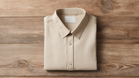 Plain beige shirt mockup folded on a clean wooden floor, overhead shot with balanced lighting for stock presentationの素材