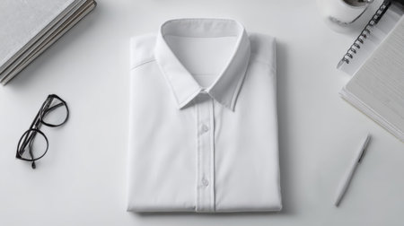 Minimal shirt mockup displayed flat on a white desk, surrounded by empty space, clean background for product focusの素材