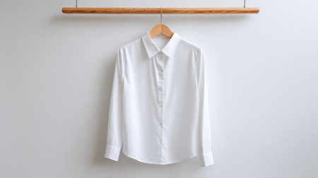 Neutral shirt mockup on a wooden hanger suspended on plain white wall, balanced studio lighting for stock usageの素材